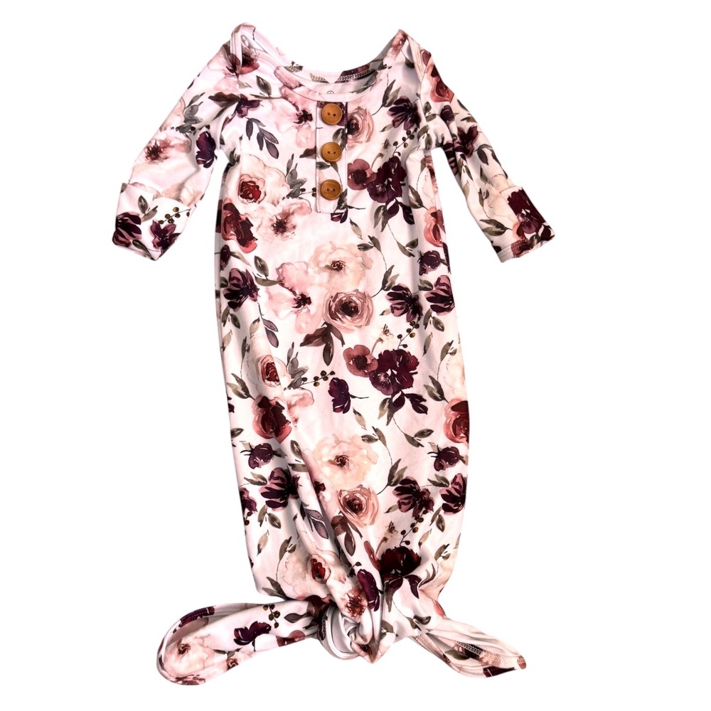 Caden Lane Floral Knotted Baby Gown Mauve Burgundy Roses Newborn Sleeper 7-14lbs